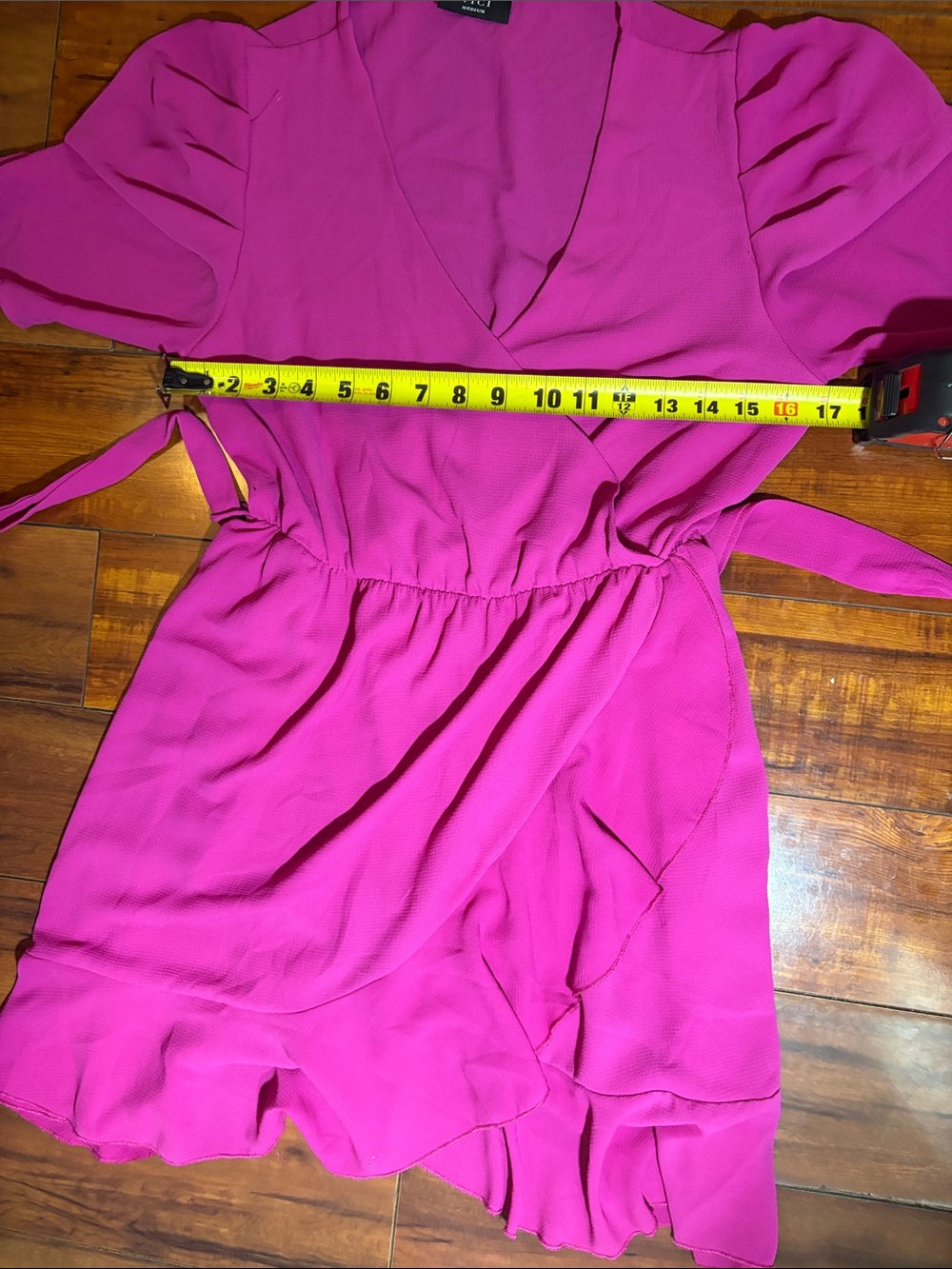 Vici Fuchsia Wrap Mini Dress with Puff Sleeves - Picture 11 of 12